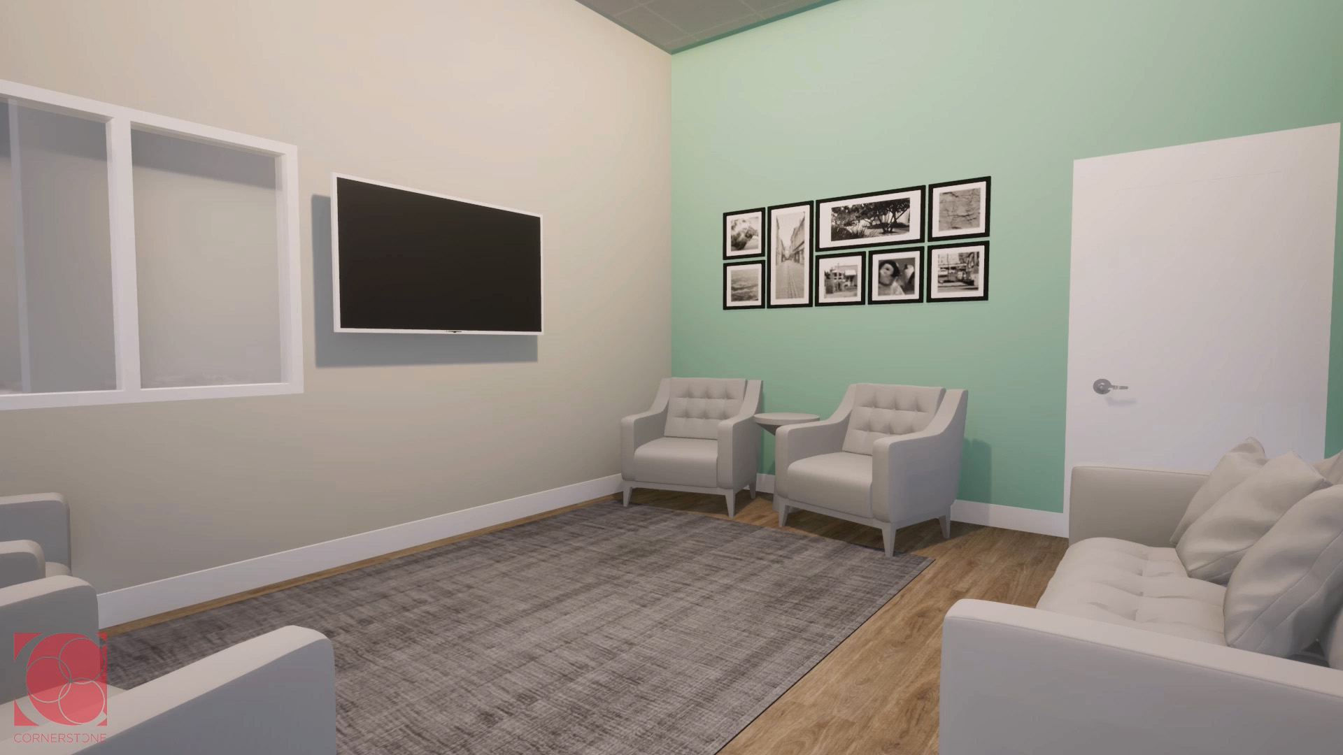 Artists rendering of new tv room area with one white and one mint colored wall.